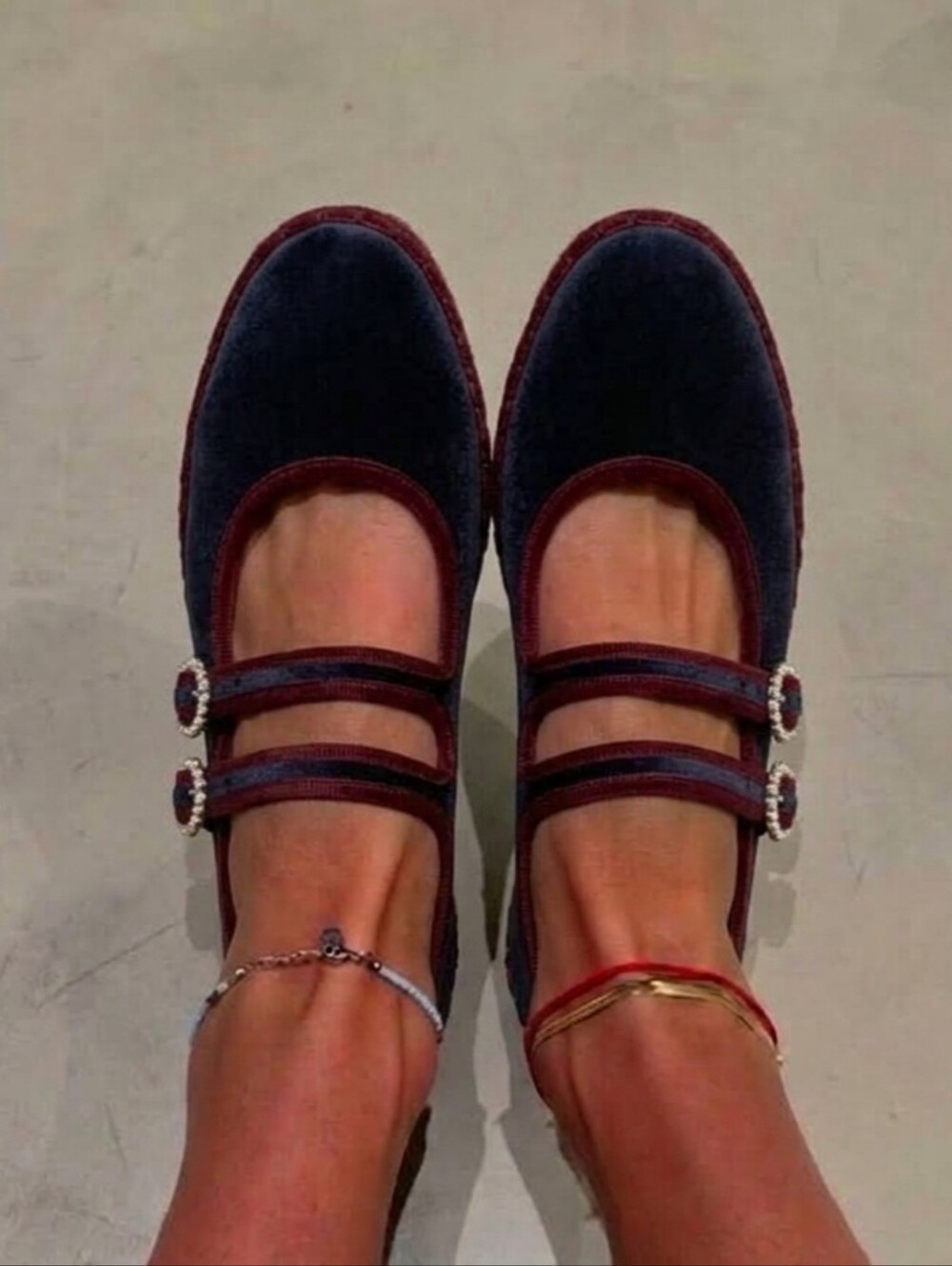 Velvet Double-Strap Mary JaneFlats | Dark Navy & Burgundy Accent Buckle Shoe